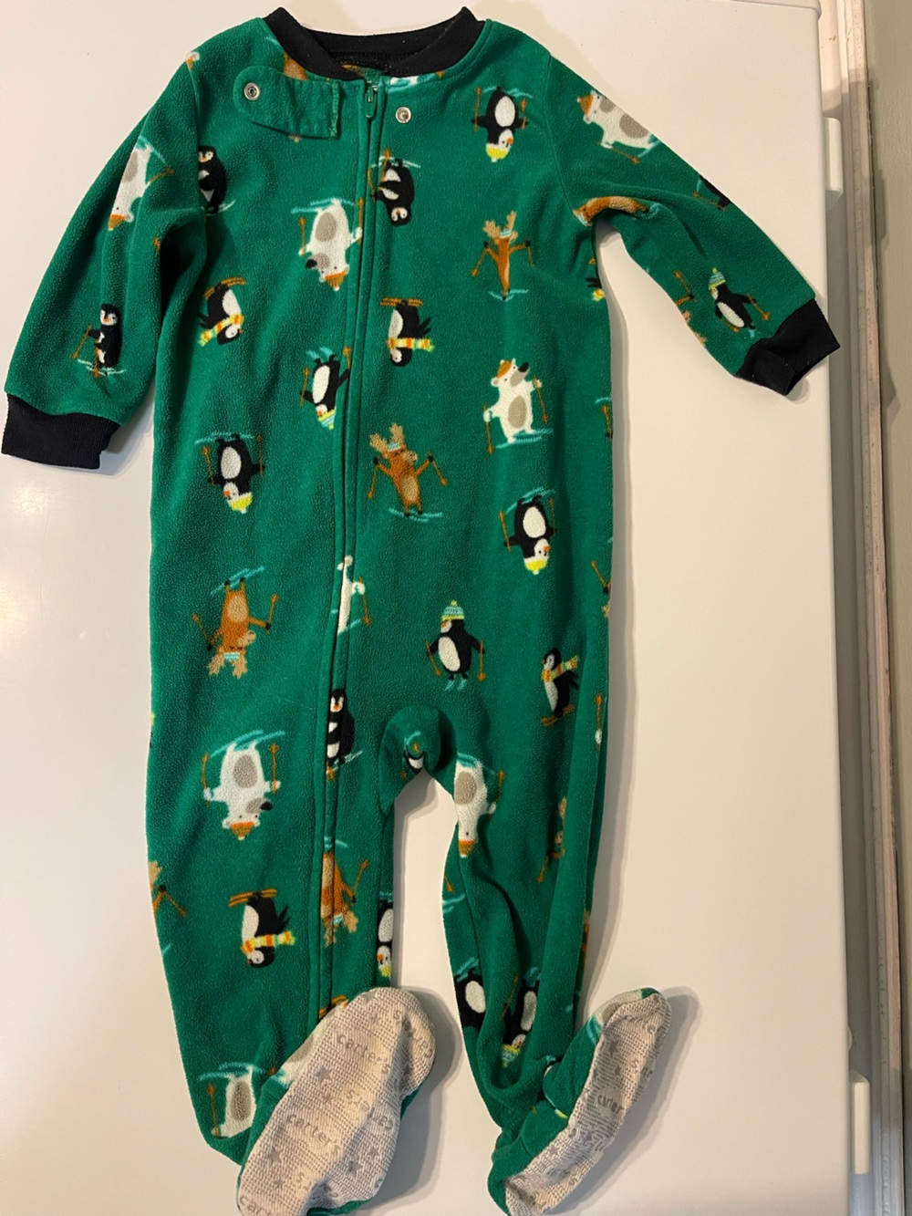 18 M Kids Christmas Green Fleece One-Piece Pajamas with Penguin & Reindeer Print